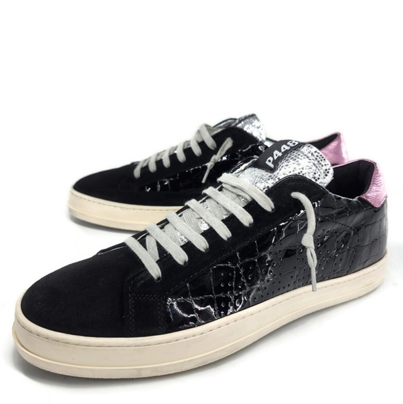 P448 Shoes - P448 John Black Suede Patent Leather Croc Pattern Pink Heel Pad Lace Up Sneakers